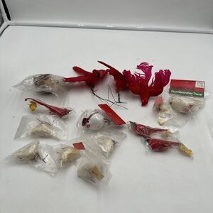 Vtg Craft Birds Wired Christmas NWT lot Of 15 Flocked Feather Carnival Red White